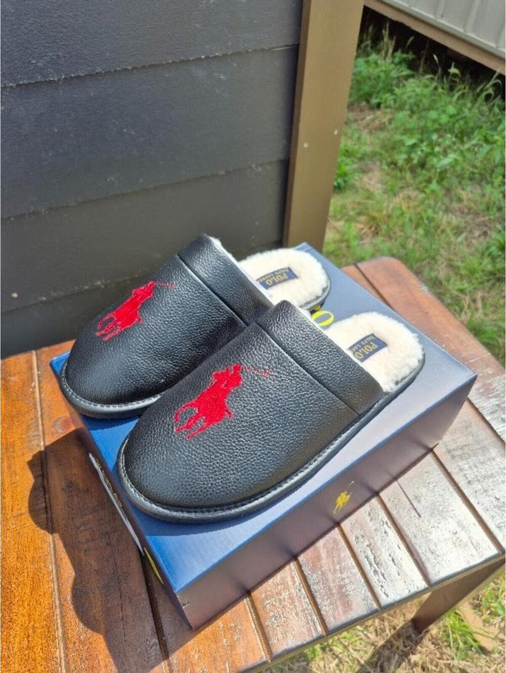 Polo Ralph Lauren Irving Leather Slippers  Black Size 9 SML4726ARL Big Pony Red - Picture 5 of 8